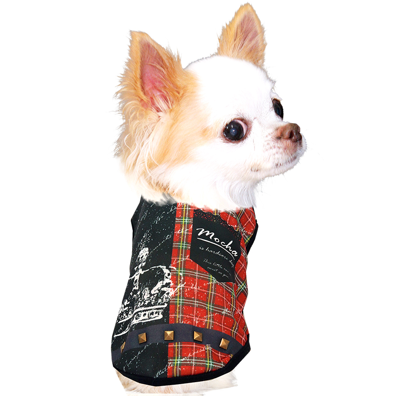 【オーダーページ】犬服　ボンバーヒートのツーピース 濃グレー×タータン　袖有.無 オーダーページ】犬服 ボンバーヒートのツーピース 濃グレー×タータン